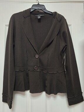 Nine West Knit Blazer with Ruffle Trim - Brown, size Large